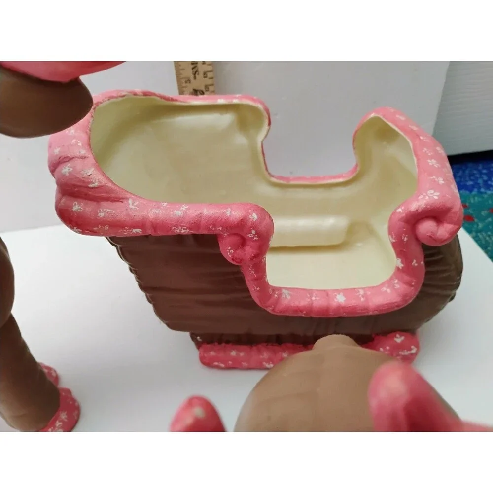 Vintage 1987 Kimple Softy Ceramic Reindeer Sleigh Set 3 Pc Quilted Pink Decor